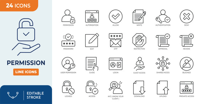 Permission icon set. Editable stroke. Vector illustration