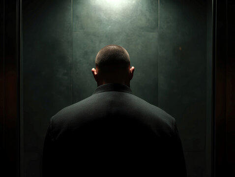 Man in dark suit, standing in closed freight elevator lobby, subtle sodium decay lighting, slate gray environment, head bowed, contemplative mood - AI-Generated
