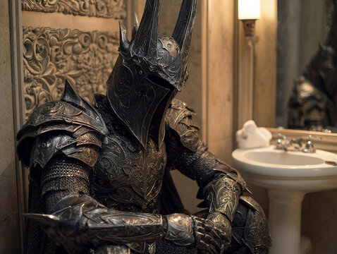 Lord of the Rings character Sauron, armored and seated on a bathroom toilet, with vintage fixtures sink, marble countertops, towel holder, ornate tile walls, regal posture, intricate - AI-Generated