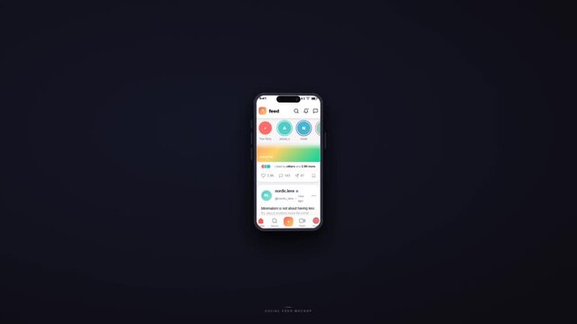 Mobile social feed app mockup with story circles photo post and engagement icons