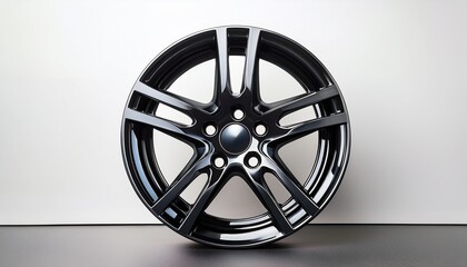 Obraz premium shiny black steel car wheel rim shines like a star against a white canvas