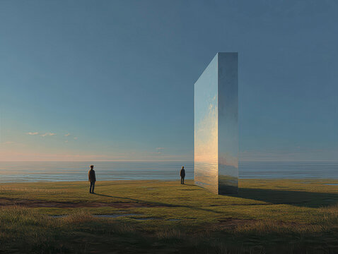 Grassy plain with a reflective metallic cube, two figures standing at angles, surreal landscape, soft lighting suggesting sunrise or sunset, subtle light mismatch between real and ref - AI-Generated