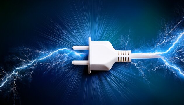 electric energy surge from a power plug on a dark blue background for technology and electricity concepts