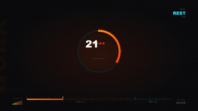 Workout interval timer with circular countdown showing work and rest phases