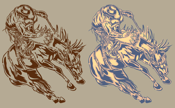 Vintage rodeo cowboy on bucking horse illustration. Western bronco rider graphic for t-shirt design and poster.