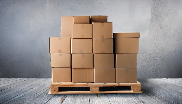 pile of plain cardboard boxes stacked on a wooden pallet against a gray concrete wall