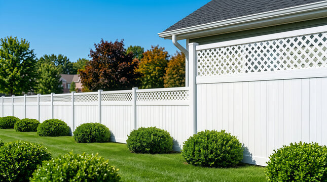 White vinyl fence with lattice top in residential front yard