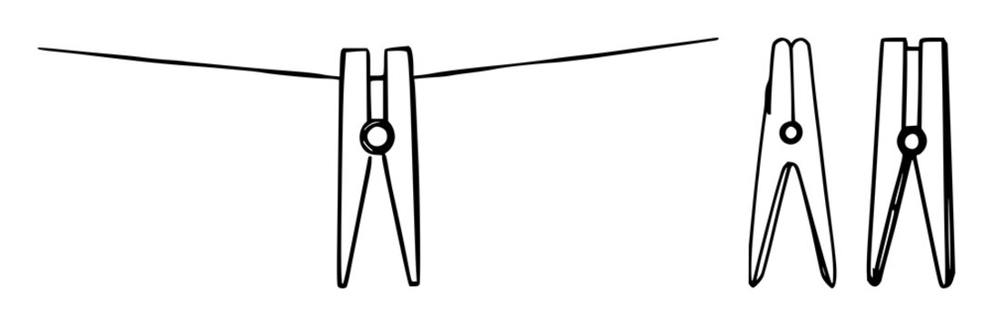 Clothespin set with black line art on white background featuring line art, simple, black with illustration and vector graphic