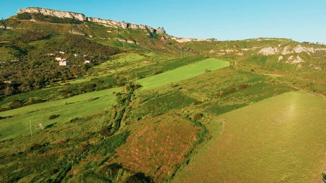 Green Calabrian hills near Gerace at sunset aerial relaxant