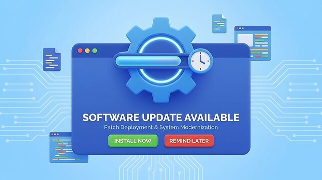 Digital software update notification concept illustrating system modernization and application patch deployment for efficient technology management and corporate infrastructure upgrade reminder.