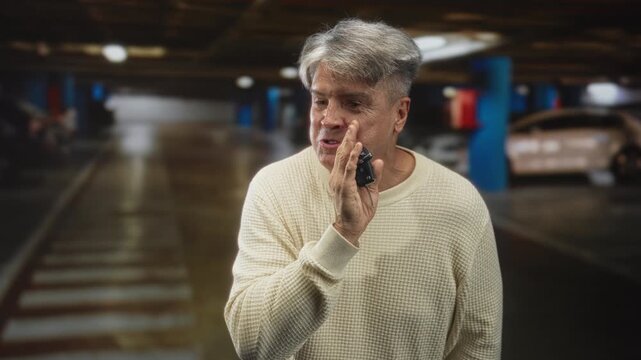 Man with grey hair in cream sweater holds car keys to cheek and mouths words near parked car and blue pillar in an underground parking garage building; searching lost concern.