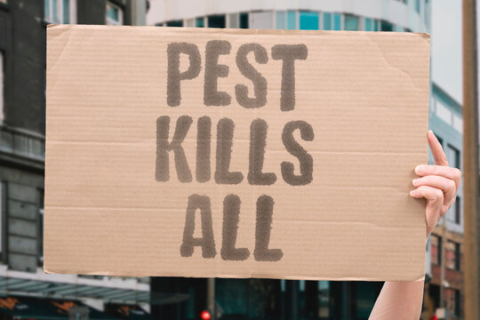 "Pest Kills All" When monocrops dominate, a single pest outbreak destroys all production. MONOCROPS. DOMINATE. PEST. OUTBREAK. DESTROYS.