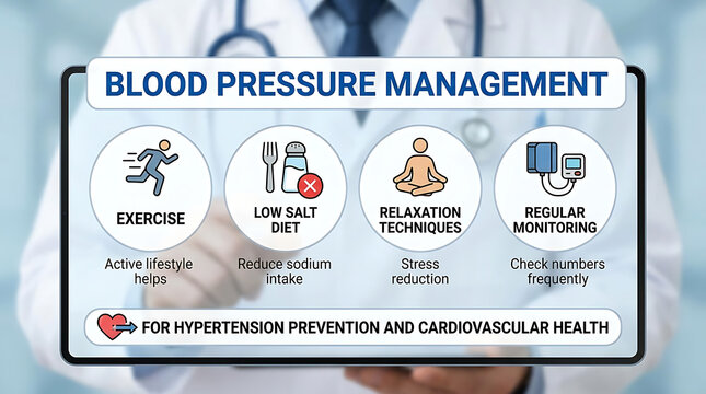 Blood pressure management infographic depicting aerobic exercise, low sodium nutrition, stress relief relaxation, medical monitoring, hypertension prevention, and cardiovascular wellness.