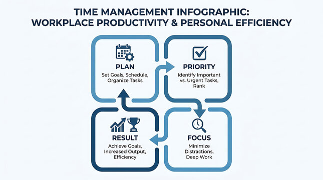 Elaborate infographic depicting effective time management strategies with interconnected quadrants illustrating planning, priority, focus, and results for enhanced professional productivity.