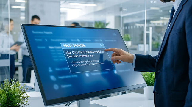 Corporate executive activating digital policy notification update regarding new compliance rule within a modern office environment for legal governance and organizational management change.