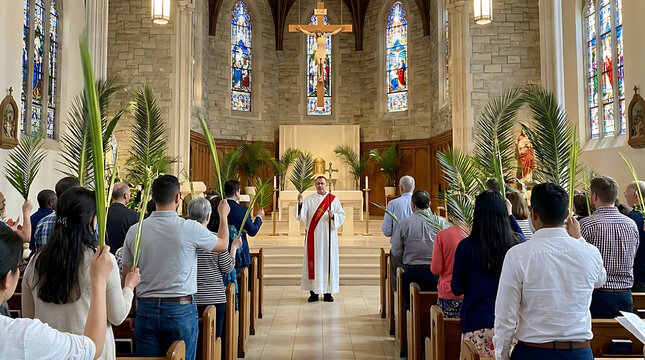 Devout congregation holding green palm frond during sacred Sunday church service as priest leads worship for Christian Holy Week celebration and traditional Easter religious observance ritual.