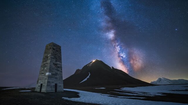 Milky Way Galaxy Time Lapse over Ama Yangri Mountain and Monument