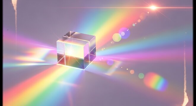 Glass prism cube refracting white light into a vibrant rainbow spectrum with glowing lens flares and ethereal reflections on a clean studio surface for abstract creative design projects