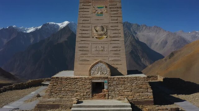 Push in shot towards Ama Yangri stone monument in Nepal mountains