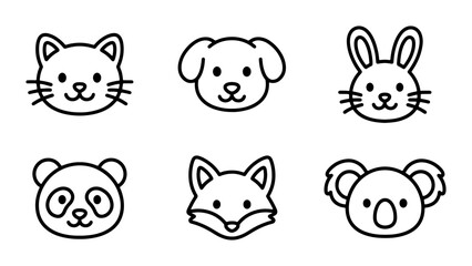 Cute Animal Faces Vector Icons Set: Cat, Dog, Rabbit, Panda, Fox, Koala, Simple Line Art, Black and White, Adorable Pet and Wildlife Graphics for Kids and Design © Masud