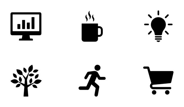 Business Icons Set: Analytics Monitor, Hot Coffee Cup, Lightbulb Idea, Growing Tree, Running Man, Shopping Cart Vector Icons