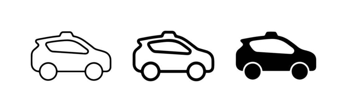 Taxi Car Icons, Urban Transport Symbols, Ride Sharing Service Graphics, Black and White Vehicle Silhouettes for City Navigation