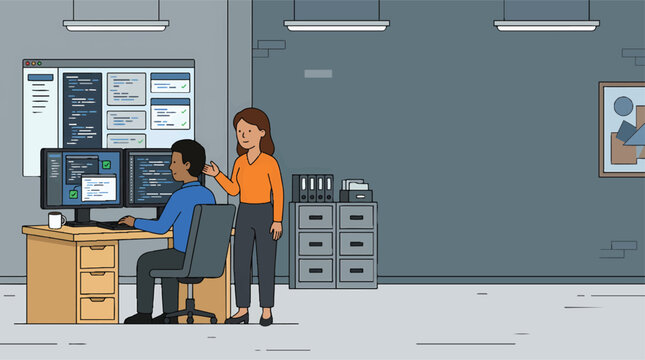 Professional software developers collaborating on code in a modern office environment.