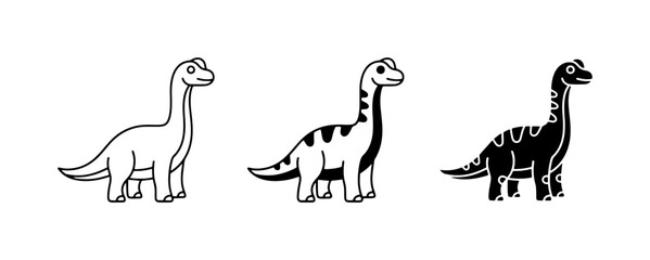 Cute Dinosaur Vector Icons, Brontosaurus Illustrations Set, Prehistoric Creature Graphics, Simple Cartoon Style, Line Art and Silhouette Variations © Mamunur