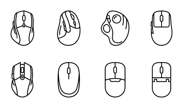 Computer Mouse Icons Set, Ergonomic Wireless and Wired Peripherals, Digital Input Devices, Technology Gadgets Collection