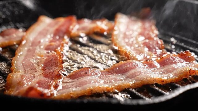 Crispy bacon sizzling on a hot griddle, capturing the essence of breakfast. The image highlights the perfect texture and color of the cooked meat