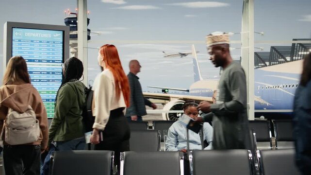 Multiethnic group of friends chatting in airport transport hub overlooked by runway control tower. Multiracial people travelling together, walking and talking in flight departure terminal, camera A