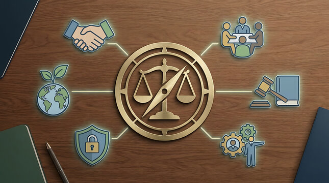 Ethical business moral framework concept featuring scales of justice, fairness, partnership, sustainability, protection, and team values for responsible corporate leadership and governance.