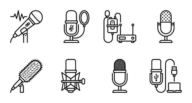 Microphone Icon Set: Professional Audio Recording Equipment, Studio Microphones, and Broadcast Gear Vector Graphics for Podcasting, Music Production, and Live Sound
