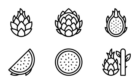 Dragon Fruit Icons Set, Pitaya Vector Graphics, Tropical Fruit Illustrations, Healthy Food Symbols, Exotic Produce Line Art Collection