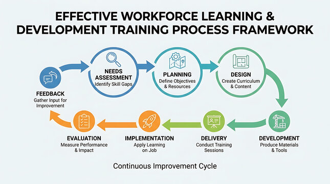 Strategic corporate training framework infographic detailing professional needs assessment planning design development implementation evaluation and feedback cycle for effective workforce learning