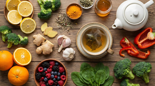 Comprehensive natural immunity boosting flatlay featuring citrus fruits, ginger, garlic, broccoli, pepper, berries, and herbal tea for seasonal cold and flu prevention and wellness defense.