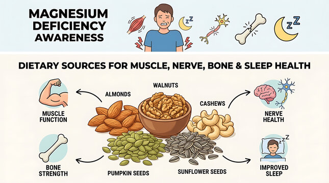 Nutritious assortment of magnesium rich nuts and seeds including almonds walnuts cashews pumpkin sunflower seeds for bone nerve muscle health support and improved sleep quality wellness
