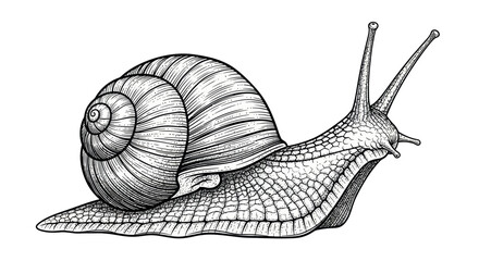 Detailed ink drawing of a garden snail with spiral shell on a white background © Fulan