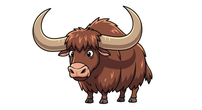 Cute cartoon yak with big horns isolated on white background