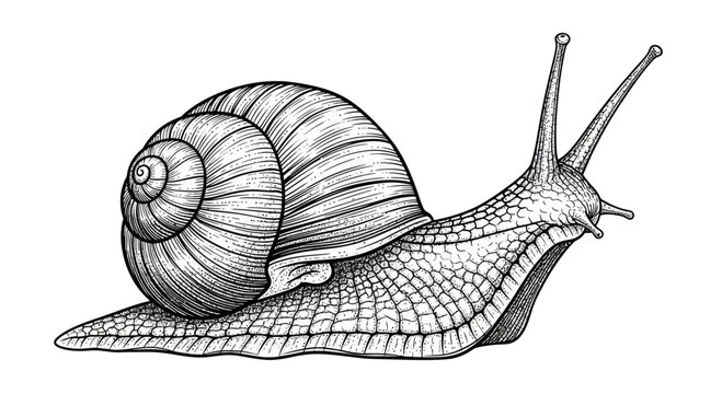 Detailed ink drawing of a garden snail with spiral shell on a white background