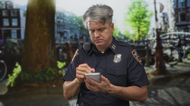 Man police officer writes in notepad on street with visible badge and radio, focused expression and furrowed brow; duty authority.