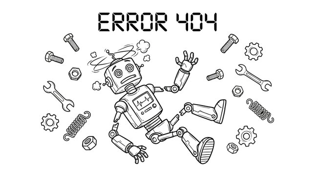 Error landing page : A broken robot malfunctions and falls apart with tools scattered around it on a screen displaying an error message.