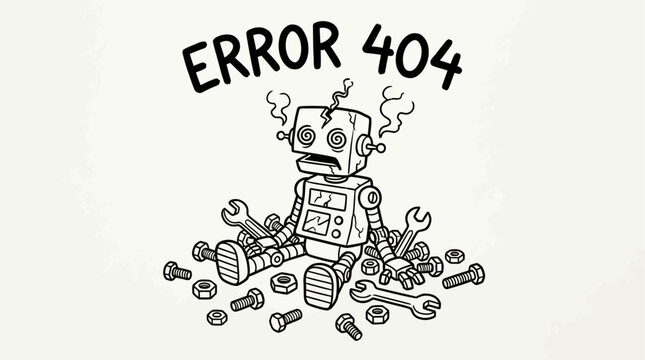 Error landing page : A broken robot malfunctions and falls apart with tools scattered around it on a screen displaying an error message.