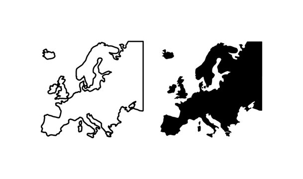 Europe Map Outline and Silhouette Vector Icons, Continent Geographic Shapes for Travel and Business Concepts, Simple Black and White Design