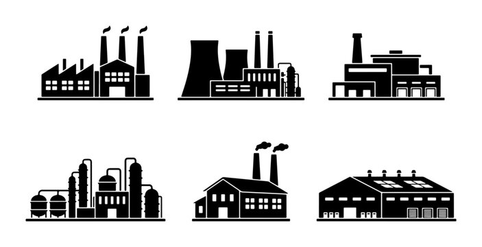 Industrial Factory Icons Set, Manufacturing Plant Silhouettes, Production Facility Vector Graphics, Urban Industry Buildings Collection