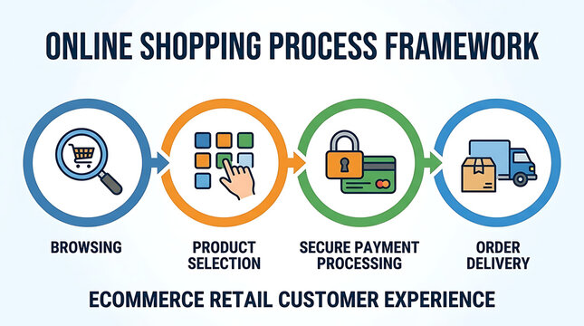 Comprehensive digital commerce framework illustrating the online retail journey from browsing inventory to secure checkout payment processing and final logistics for consumer order delivery.