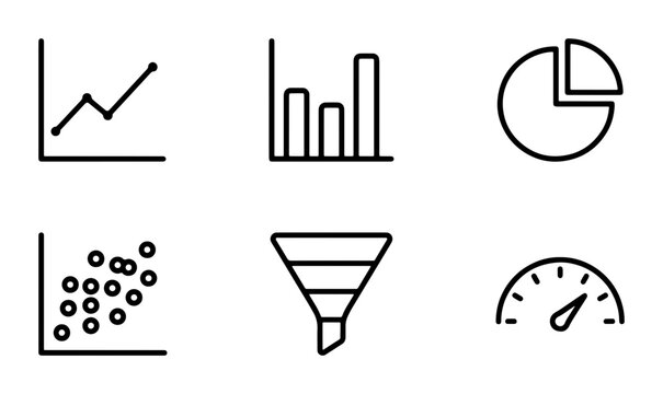 Modern Data Visualization Icons Set: Line Chart, Bar Graph, Pie Chart, Scatter Plot, Funnel, Speedometer, Business Analytics Vector Graphics