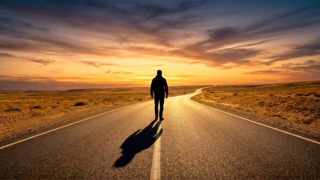 Man silhouette walks along empty highway road toward radiant sunset horizon perfect for journey ambition determination business branding banner mockup