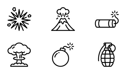 Explosion and Bomb Icons, Dynamic Blast and Detonation Symbols, Volcanic Eruption and Grenade Graphics, Atomic Cloud and Dynamite Vector Set © Shorna