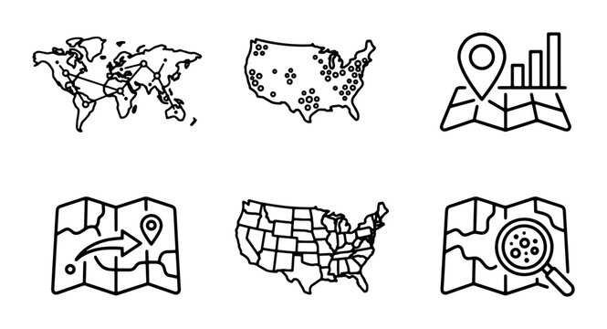 USA Map Icons, World Map Outline, Navigation Pins, Location Markers, Geographic Data Visualization, Vector Graphics Set
